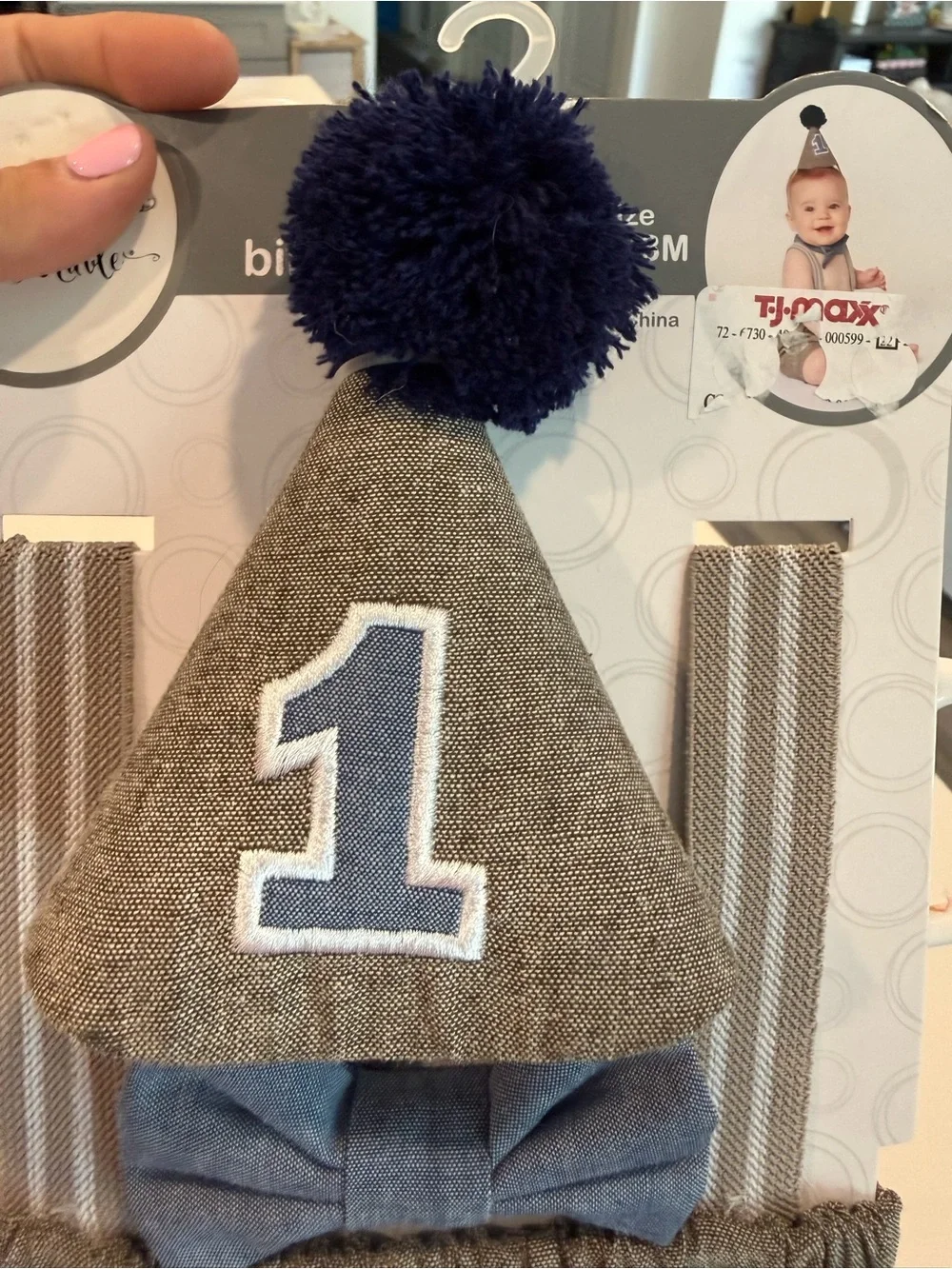 T.J.Maxx Gray Pom-Pom First Birthday Hat & Blue Bowtie Set